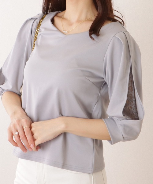 Lace Ladies（レースレディース）の「レース レイヤードタック ショルダー Vネック 5分袖 ブラウス（シャツ/ブラウス・レディース・ホワイト/ベージュ/グレー/ブラック・S/FREE）」の3枚目の写真