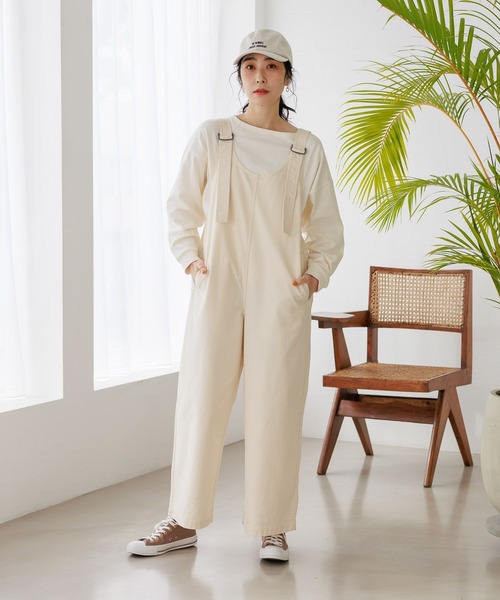 studio CLIP（スタディオクリップ）の「コットンラチネサロペット[プチ・プラスサイズあり]（サロペット/オーバーオール・レディース・ネイビー/オフホワイト・FREE/PF/ﾌﾘｰ(L)）」の4枚目の写真