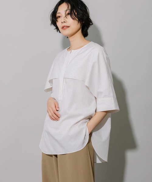 Munich（ミューニック）の「リヨセルコットンストライプフロントレイヤードシャツ（シャツ/ブラウス・レディース・ネイビー/ベージュ・FREE）」の22枚目の写真