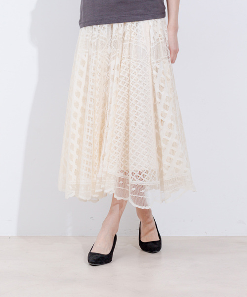Jayro(ジャイロ)の「パネルメッシュレーススカート(スカート・レディース・ネイビー/ベージュ/ホワイト系その他・FREE)」の1枚目の写真