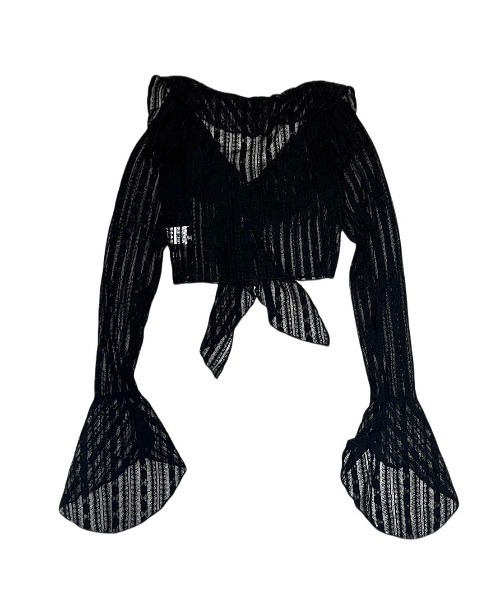 XU（エックスユー）の「ストリートブランド XU エックスユー frill lace cardigan フリルカーディガン フリルボレロ レースカーディガン シースルーカーディガン シースルートップス クロップ丈カーディガン 長袖カーディガン 長袖トップス  韓国ファッション 韓国ストリート ストリートファッション（カーディガン/ボレロ・レディース・ブラック/アイボリー・ONE SIZE）」の4枚目の写真