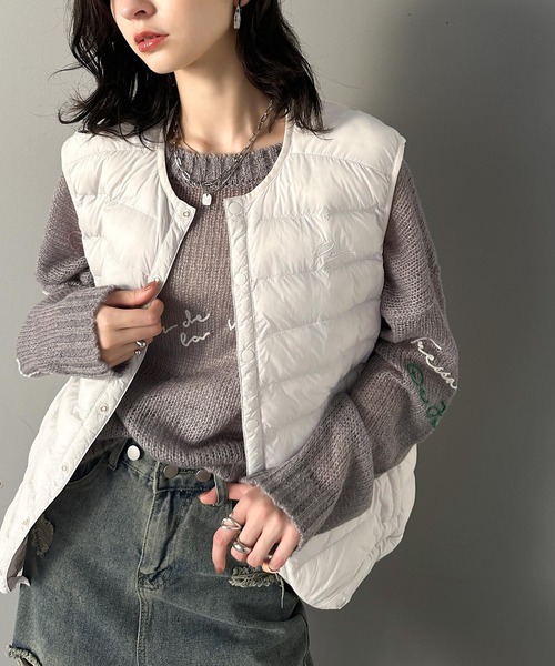 セール】軽やかで女性らしく。胸刺繍スーパーライト中綿ベスト（ダウン
