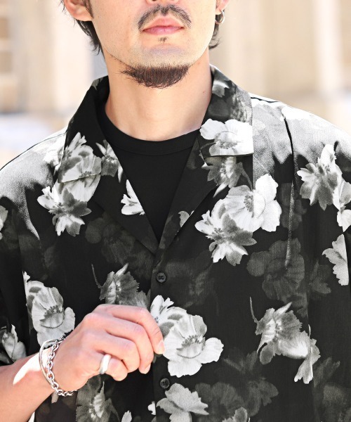 Allege Flower print shirt シャツ　半袖　レーヨン　総柄 セール】総柄フラワー半袖オープンカラーシャツ（シャツ