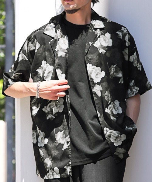 LUXSTYLE（ラグスタイル）の「総柄フラワー半袖オープンカラーシャツ（シャツ/ブラウス・メンズ・ブラック/ブラウン・L/M）」の10枚目の写真