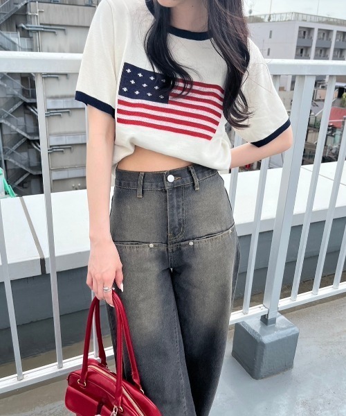 nemne store（ネンネストア）の「《低身長サイズあり》アソート柄サマーニットトップス（Tシャツ/カットソー・レディース・イエロー/アイボリー/ネイビー/ブルー/ライトブルー/ブラック/レッド・SMALL/MEDIUM）」の2枚目の写真