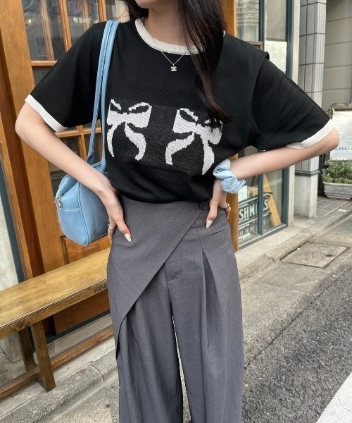 nemne store（ネンネストア）の「《低身長サイズあり》アソート柄サマーニットトップス（Tシャツ/カットソー・レディース・イエロー/アイボリー/ネイビー/ブルー/ライトブルー/ブラック/レッド・SMALL/MEDIUM）」の3枚目の写真