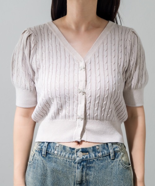 OLIVE des OLIVE（オリーブデオリーブ）の「ケーブル半袖リボンビジュー付きカーデ 1042050020（カーディガン/ボレロ・レディース・モカ/サックスブルー/オフホワイト/チャコールグレー・FREE）」の11枚目の写真