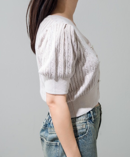 OLIVE des OLIVE（オリーブデオリーブ）の「ケーブル半袖リボンビジュー付きカーデ 1042050020（カーディガン/ボレロ・レディース・モカ/サックスブルー/オフホワイト/チャコールグレー・FREE）」の5枚目の写真