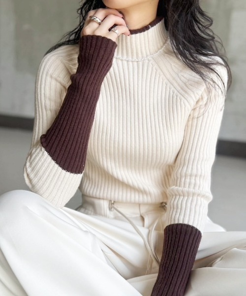 TRIANGLE PALETTE（トライアングルパレット）の「春先にもおすすめ ボトルネックリブニットプルオーバー/モックネック（ニット/セーター・レディース・グレー/ブラック/ホワイト/レッド/ベージュ/ブラウン/ホワイト系その他/ブラック系その他/ブラウン系その他・FREE）」の2枚目の写真