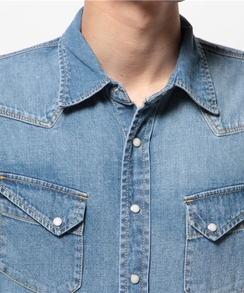 SHIPS JET BLUE（シップスジェットブルー）の「SHIPS JET BLUE: ユーズドライク デニムウェスタンシャツ（シャツ/ブラウス・メンズ・ブルー・LARGE/SMALL/MEDIUM）」の4枚目の写真