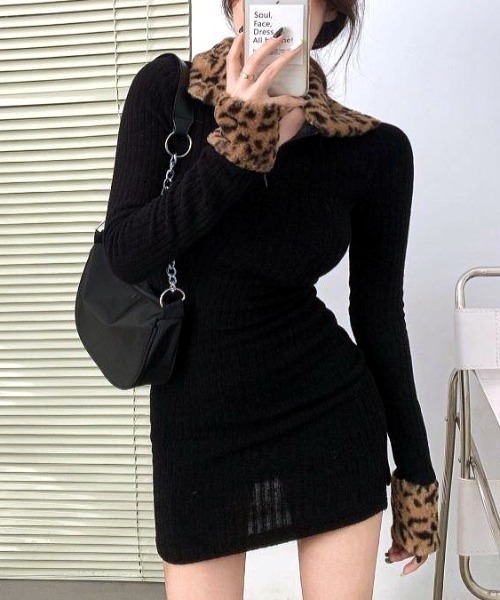 セール】レオパード柄ファー付きリブミニワンピース（ワンピース