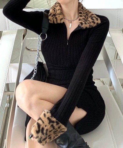 セール】レオパード柄ファー付きリブミニワンピース（ワンピース