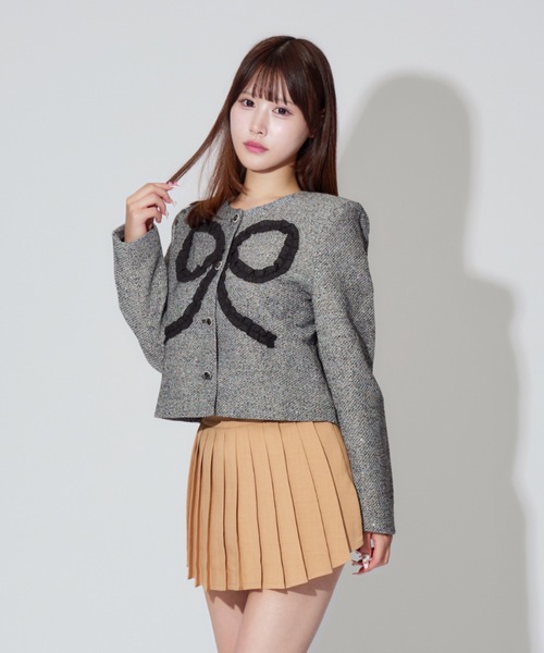 グレー ノーカラージャケット フリル付き エムズグレイシー ラメリボン