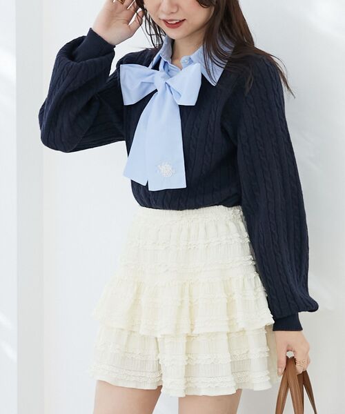 MAJESTIC LEGON（マジェスティックレゴン）の「リボンタイセットシャツドッキングニット（ニット/セーター・レディース・ベージュ/ネイビー/グレー・MEDIUM）」の3枚目の写真