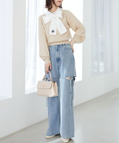 MAJESTIC LEGON（マジェスティックレゴン）の「リボンタイセットシャツドッキングニット（ニット/セーター・レディース・ベージュ/ネイビー/グレー・MEDIUM）」の4枚目の写真