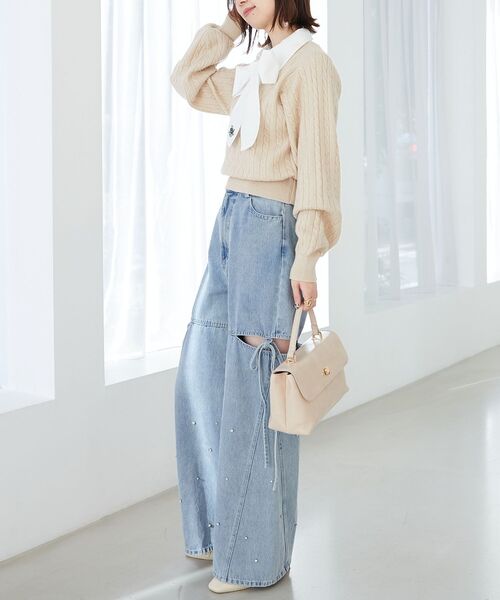 MAJESTIC LEGON（マジェスティックレゴン）の「リボンタイセットシャツドッキングニット（ニット/セーター・レディース・ベージュ/ネイビー/グレー・MEDIUM）」の5枚目の写真