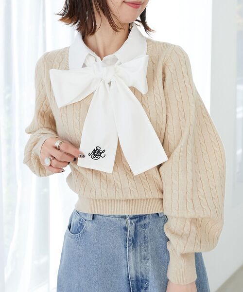MAJESTIC LEGON（マジェスティックレゴン）の「リボンタイセットシャツドッキングニット（ニット/セーター・レディース・ベージュ/ネイビー/グレー・MEDIUM）」の7枚目の写真