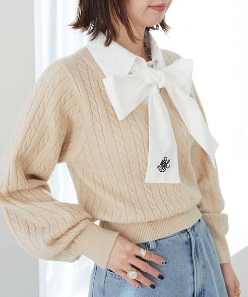 MAJESTIC LEGON（マジェスティックレゴン）の「リボンタイセットシャツドッキングニット（ニット/セーター・レディース・ベージュ/ネイビー/グレー・MEDIUM）」の8枚目の写真
