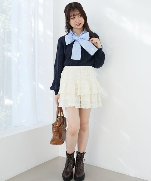 MAJESTIC LEGON（マジェスティックレゴン）の「リボンタイセットシャツドッキングニット（ニット/セーター・レディース・ベージュ/ネイビー/グレー・MEDIUM）」の12枚目の写真