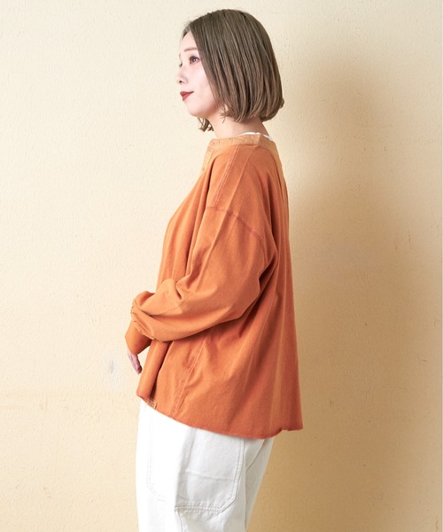 CUBE SUGAR（キューブシュガー）の「21/-OE天竺パウダー加工ヘンリーネックカーディガン（カーディガン/ボレロ・レディース・グレー系その他/グリーン/オレンジ・M）」の5枚目の写真