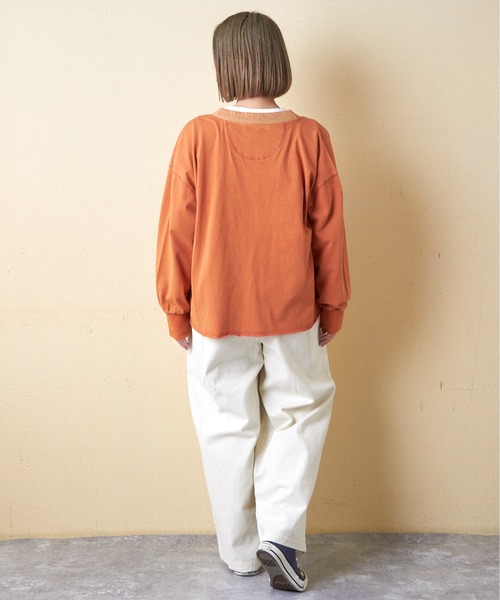 CUBE SUGAR（キューブシュガー）の「21/-OE天竺パウダー加工ヘンリーネックカーディガン（カーディガン/ボレロ・レディース・グレー系その他/グリーン/オレンジ・M）」の7枚目の写真