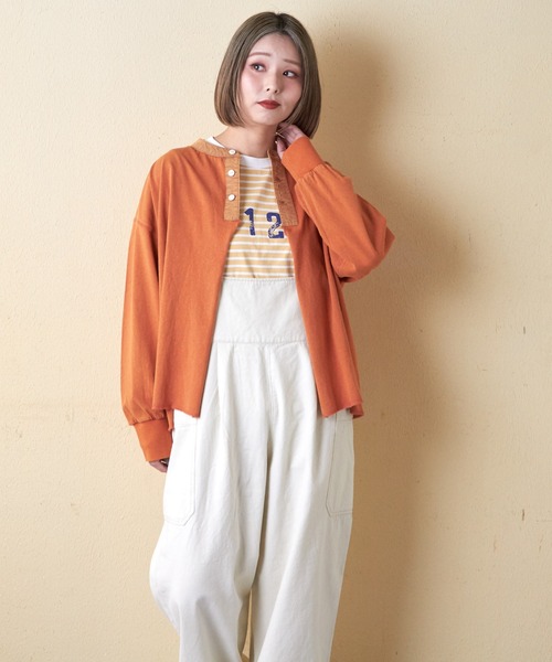 CUBE SUGAR（キューブシュガー）の「21/-OE天竺パウダー加工ヘンリーネックカーディガン（カーディガン/ボレロ・レディース・グレー系その他/グリーン/オレンジ・M）」の4枚目の写真