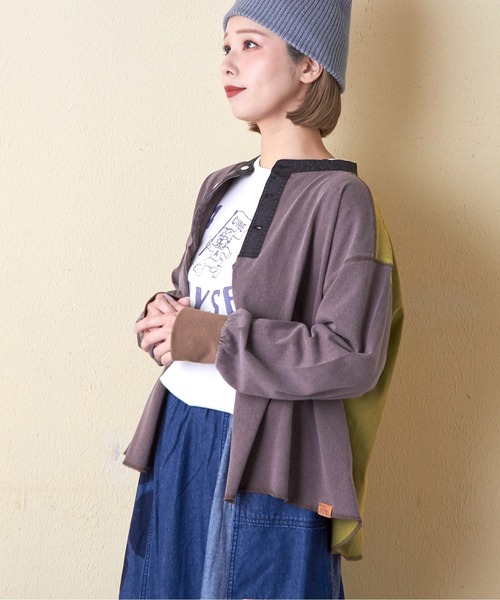 CUBE SUGAR（キューブシュガー）の「21/-OE天竺パウダー加工ヘンリーネックカーディガン（カーディガン/ボレロ・レディース・グレー系その他/グリーン/オレンジ・M）」の12枚目の写真