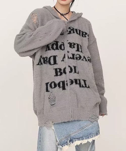 MASHIRO(マシロ)の「【MASHIRO】ダメージ加工ニットロゴジップルーズパーカー/グランジ Y2K(MA/EK92)(パーカー・レディース・グレー/ブラック・FREE)」の16枚目の写真