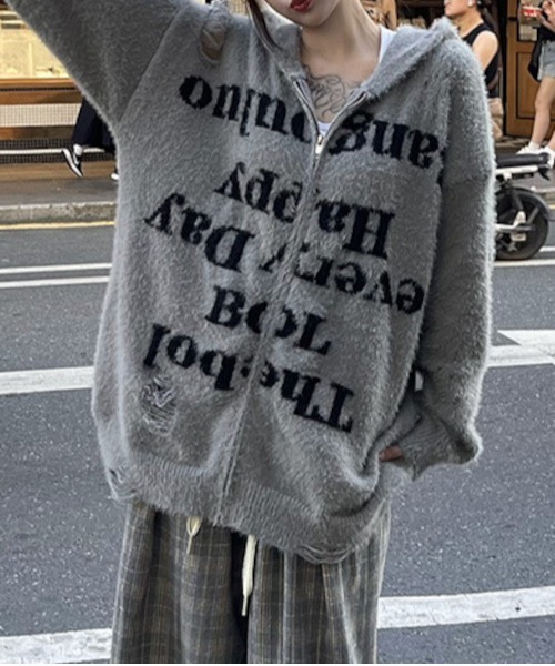 MASHIRO(マシロ)の「【MASHIRO】ダメージ加工ニットロゴジップルーズパーカー/グランジ Y2K(MA/EK92)(パーカー・レディース・グレー/ブラック・FREE)」の10枚目の写真