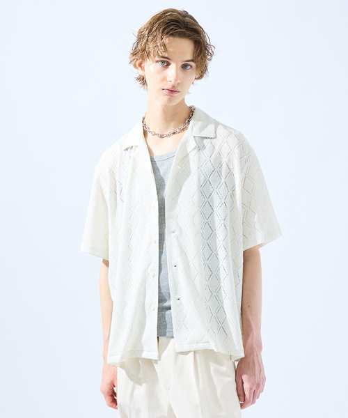 AH ABAHOUSE（エーエイチアバハウス）の「【AH ABAHOUSE】ダイヤ柄 シアーストレッチ 半袖シャツ（シャツ/ブラウス・メンズ・ブラック/セージグリーン/ダークグリーン/オフホワイト・46/48）」の2枚目の写真