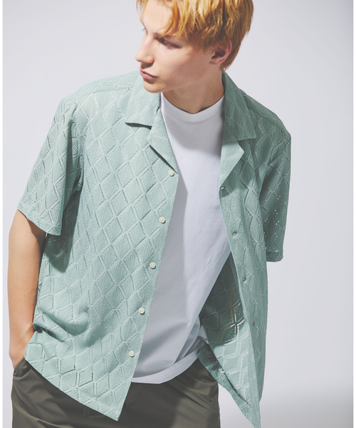 AH ABAHOUSE（エーエイチアバハウス）の「【AH ABAHOUSE】ダイヤ柄 シアーストレッチ 半袖シャツ（シャツ/ブラウス・メンズ・ブラック/セージグリーン/ダークグリーン/オフホワイト・46/48）」の4枚目の写真