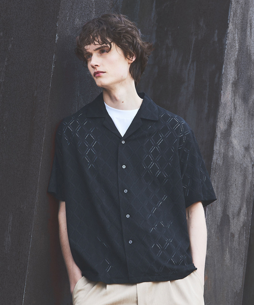 AH ABAHOUSE（エーエイチアバハウス）の「【AH ABAHOUSE】ダイヤ柄 シアーストレッチ 半袖シャツ（シャツ/ブラウス・メンズ・ブラック/セージグリーン/ダークグリーン/オフホワイト・46/48）」の3枚目の写真