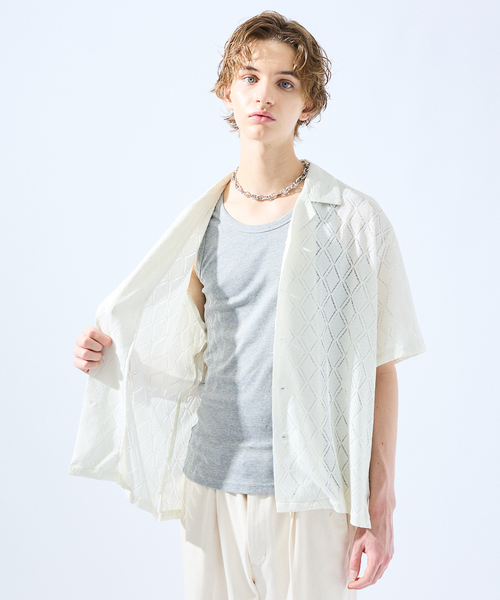 AH ABAHOUSE（エーエイチアバハウス）の「【AH ABAHOUSE】ダイヤ柄 シアーストレッチ 半袖シャツ（シャツ/ブラウス・メンズ・ブラック/セージグリーン/ダークグリーン/オフホワイト・46/48）」の6枚目の写真