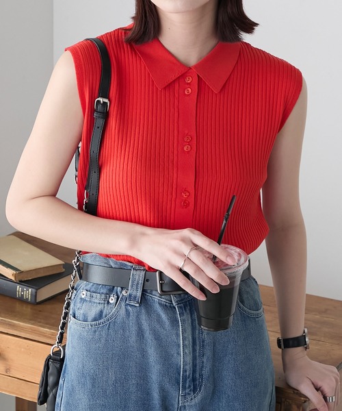 BONLECILL(ボンルシール)の「ノースリーブ多ボタンニットポロ(ポロシャツ・レディース・ブラック/オフホワイト/レッド/ネイビー/グリーン・FREE)」の5枚目の写真