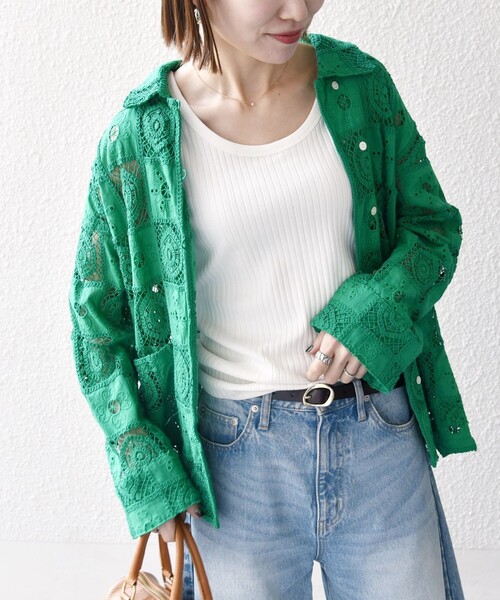 極美品✨定価１.５万❤️　シップスエニィ　バフピーチ フラップシャツジャケット◇ セール】SHIPS any:〈手洗い可能〉パッチワーク レース
