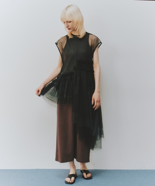 売れ筋 フレンチスリーブレイヤードギャザーチュールデザインtops LA