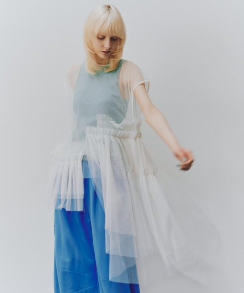 売れ筋 フレンチスリーブレイヤードギャザーチュールデザインtops LA