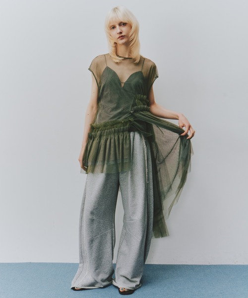 売れ筋 フレンチスリーブレイヤードギャザーチュールデザインtops LA