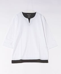 【汗染みの目立ちにくいTシャツ ZEROSTAIN/ゼロステイン】フェイクレイヤード ビッグシルエット キーネック クルーネック 7分袖Tシャツ 防汚 ＵＶカット 綿タッチ・厚手