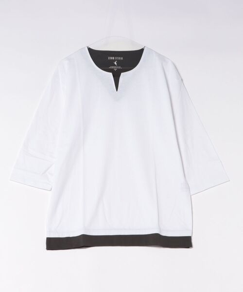 JEANS MATE(ジーンズメイト)の「【汗染みの目立ちにくいTシャツ ZEROSTAIN/ゼロステイン】フェイクレイヤード ビッグシルエット キーネック クルーネック 7分袖Tシャツ 防汚 UVカット 綿タッチ・厚手(Tシャツ/カットソー・メンズ・ブルー系その他2/ホワイト系その他2/ベージュ系その他/ブラック系その他/スミクロ/ブルー系その他/ホワイト系その他・LARGE/MEDIUM/X-LARGE)」の1枚目の写真
