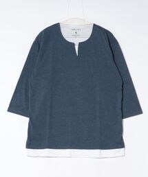 【汗染みの目立ちにくいTシャツ ZEROSTAIN/ゼロステイン】フェイクレイヤード ビッグシルエット キーネック クルーネック 7分袖Tシャツ 防汚 UVカット 綿タッチ・厚手