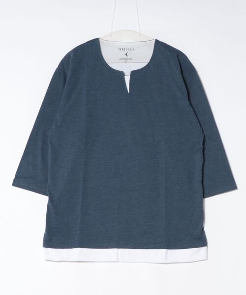 JEANS MATE(ジーンズメイト)の「【汗染みの目立ちにくいTシャツ ZEROSTAIN/ゼロステイン】フェイクレイヤード ビッグシルエット キーネック クルーネック 7分袖Tシャツ 防汚 UVカット 綿タッチ・厚手(Tシャツ/カットソー・メンズ・ブルー系その他2/ホワイト系その他2/ベージュ系その他/ブラック系その他/スミクロ/ブルー系その他/ホワイト系その他・LARGE/MEDIUM/X-LARGE)」の6枚目の写真