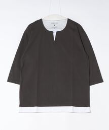 【汗染みの目立ちにくいTシャツ ZEROSTAIN/ゼロステイン】フェイクレイヤード ビッグシルエット キーネック クルーネック 7分袖Tシャツ 防汚 ＵＶカット 綿タッチ・厚手
