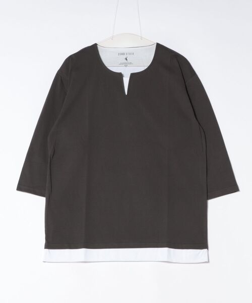 JEANS MATE(ジーンズメイト)の「【汗染みの目立ちにくいTシャツ ZEROSTAIN/ゼロステイン】フェイクレイヤード ビッグシルエット キーネック クルーネック 7分袖Tシャツ 防汚 UVカット 綿タッチ・厚手(Tシャツ/カットソー・メンズ・ブルー系その他2/ホワイト系その他2/ベージュ系その他/ブラック系その他/スミクロ/ブルー系その他/ホワイト系その他・LARGE/MEDIUM/X-LARGE)」の4枚目の写真