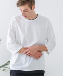【汗染みの目立ちにくいTシャツ ZEROSTAIN/ゼロステイン】フェイクレイヤード ビッグシルエット キーネック クルーネック 7分袖Tシャツ 防汚 UVカット 綿タッチ・厚手