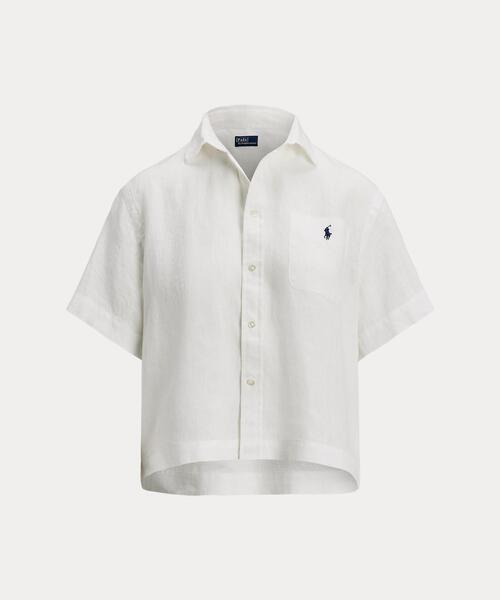 RALPH LAUREN ボタンダウン ショートスリーブシャツ ホワイト L リネン ショートスリーブ シャツ（シャツ/ブラウス）｜POLO