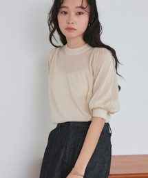 RUIRUE BOUTIQUE（ルイルエブティック）の「洗える ストレッチ ｜ バックパール シアー パフ ニット ｜ レディース おしゃれ きれいめ 五分袖 オフィスカジュアル 通勤服 サマーニット ニットトップス（ニット/セーター・レディース）」