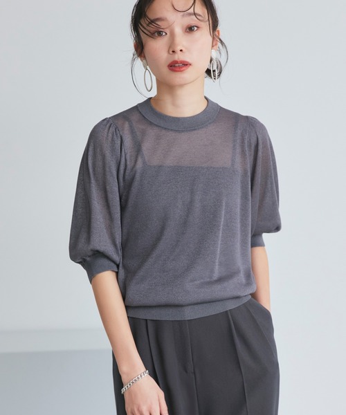 RUIRUE BOUTIQUE(ルイルエブティック)の「洗える ストレッチ | バックパール シアー パフ ニット | レディース おしゃれ きれいめ 五分袖 オフィスカジュアル 通勤服 サマーニット ニットトップス(ニット/セーター・レディース・アイボリー/ブラック/ホワイト/グレー/チャコールグレー・M/L)」の9枚目の写真