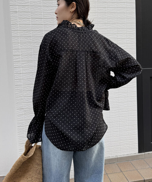 ブラウス シャツ シアードットスタンドフリルブラウス レディース DouDou ブラウス シャツ シアードットスタンドフリルブラウス
