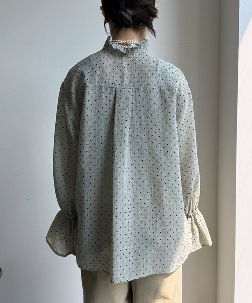 ブラウス シャツ シアードットスタンドフリルブラウス レディース DouDou ブラウス シャツ シアードットスタンドフリルブラウス